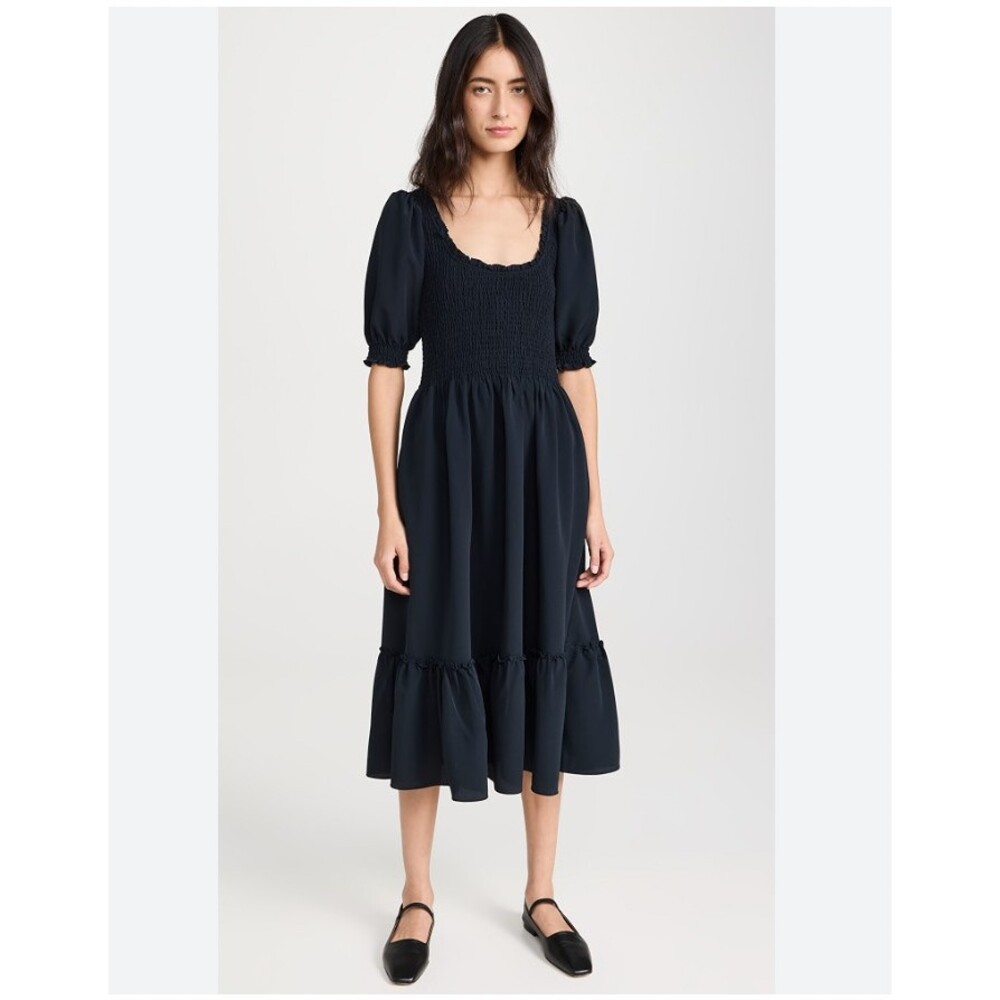Hill House The Louisa Nap Dress Womens XS Black Smocked Puff Sleeve Midi Ruffle - Picture 1 of 4